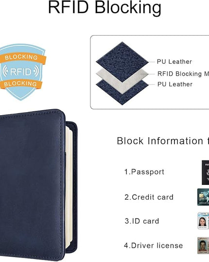 WALNEW Passport Holder for Travel, RFID Passport Cover Wallet for Women Men, PU Leather Passport Book Card Holder Case with Pen, Travelling Essentials for Flying
