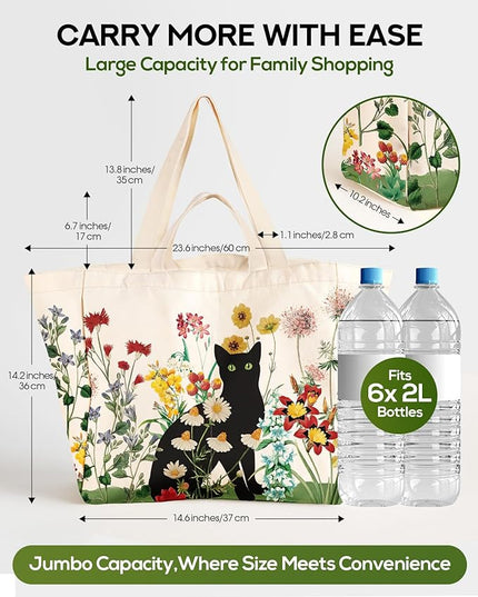 Large Canvas Grocery Tote Bag - Reusable Extra Large Shopping Shoulder Bags with 6 Inner Pockets & 2 Handle Strap