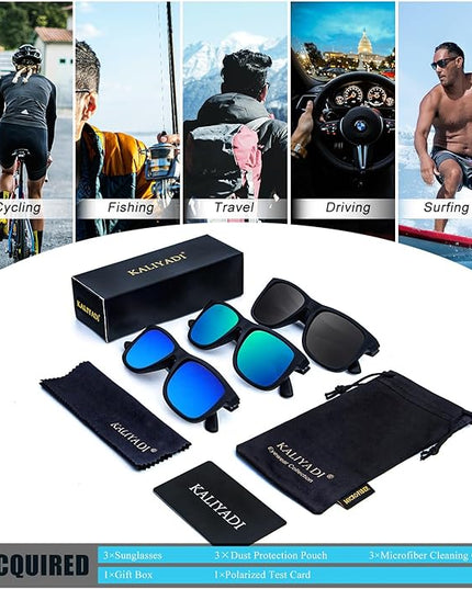KALIYADI Sunglasses Men Polarized Sun glasses for Mens Womens Classic Matte Black Frame UV Protection 3pack