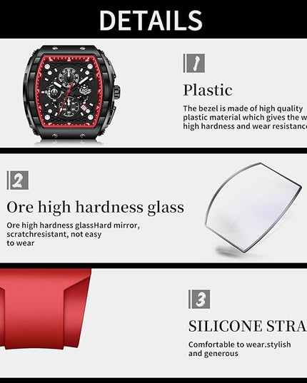 Mens Watches,Unique Rectangular Quartz Analog Watch,Outdoor Sports Multi-Function Watch,Chronograph/Waterproof/Luminous/Calendar,Durable Silicone Strap Mens Casual Watches
