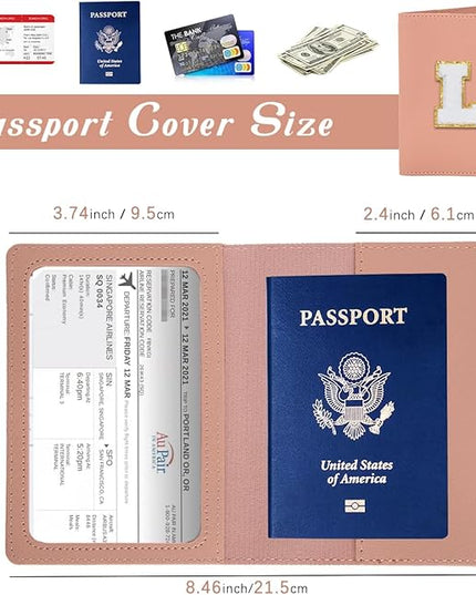 Initial Passport Cover Holder and Luggage tag Set,PU Leather Passport Case Travel Suitcase Tag with Letter Patch, Personalized Travel Luggage Accessories Gifts for Women Grils Teenage Pink Letter K