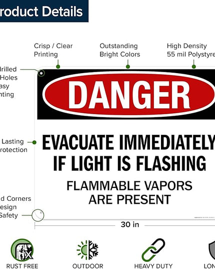 Danger Evacuate Immediately If Light is Flashing Flammable Vapors are Present Sign, 24x30 Inches, 55 mil thick HDPS (high density polystyrene), Made in USA by My Sign Center