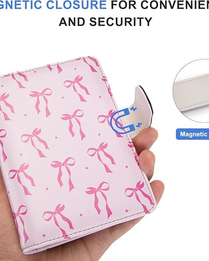 Passport Holder for Travel Essentials, RFID Blocking Passport Wallet Cover with Magnetic Closure, Passport Book Holders for Women and Men (Pink Bow)