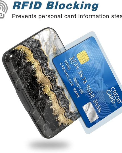 Atufsuat Credit Card Holder, Mini Aluminum Card Wallet RFID Blocking Slim Metal Hard Card Case for Women Men, Black Gold Marble