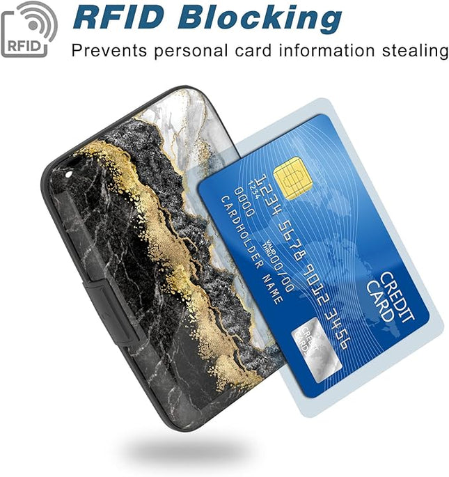 Atufsuat Credit Card Holder, Mini Aluminum Card Wallet RFID Blocking Slim Metal Hard Card Case for Women Men, Black Gold Marble
