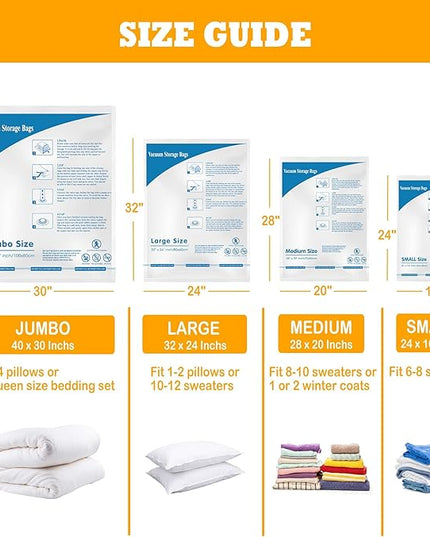 Vacuum Storage Bags 12 Jumbo, Space Saver Sealer Bags, Airtight Compression Bags for Clothes, Pillows, Comforters, Blankets, Bedding