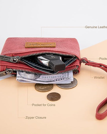 Montana West Wrangler Coin Purse for Women RFID-blocking Floral Embossed Change Pouch Wristlet Wallet Lightweight Portable Wallets Burgundy Red