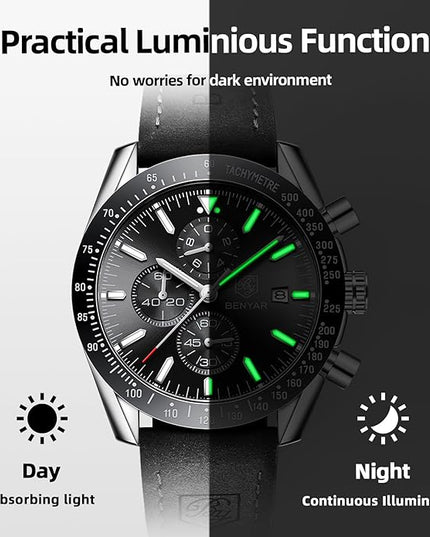 BY BENYAR Watch for Men Analog Quartz Chronograph Waterproof Luminous Designer Mens Wrist Watches Business Work Sport Casual Dress Watch with Silicone Strap Elegant Gifts for Men