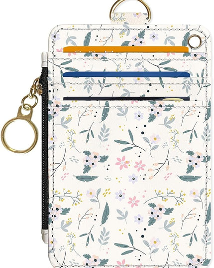 Slim Wallet Credit Card Holder, Green and pink floral print X, RFID Wallet Women Cute Small Front Pocket Wallet With Zipper, PU Leather Thin travel RFID Blocking Card Case ID Window ,Ladies Gifts
