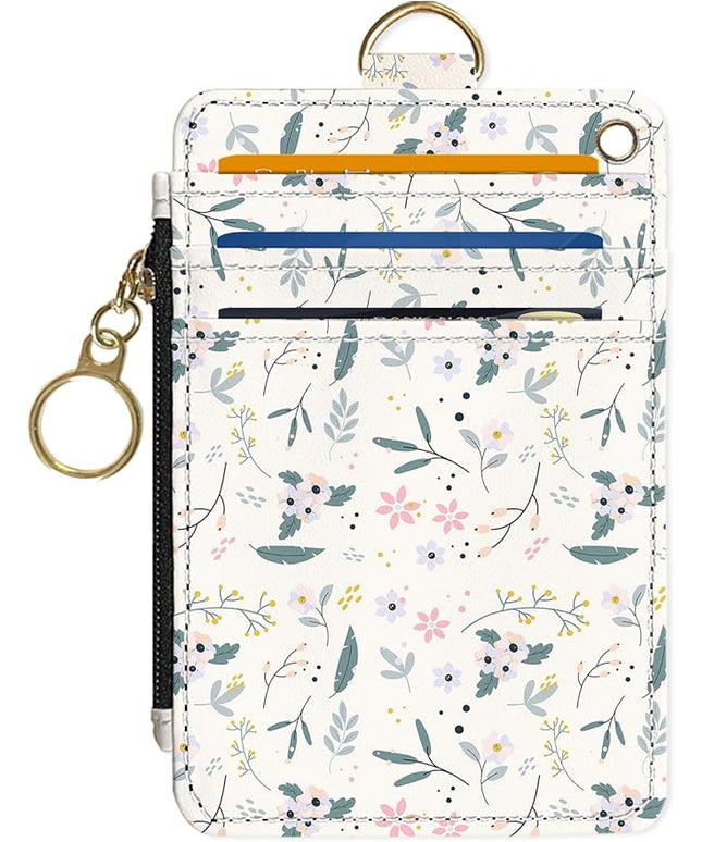 Slim Wallet Credit Card Holder, Green and pink floral print X, RFID Wallet Women Cute Small Front Pocket Wallet With Zipper, PU Leather Thin travel RFID Blocking Card Case ID Window ,Ladies Gifts