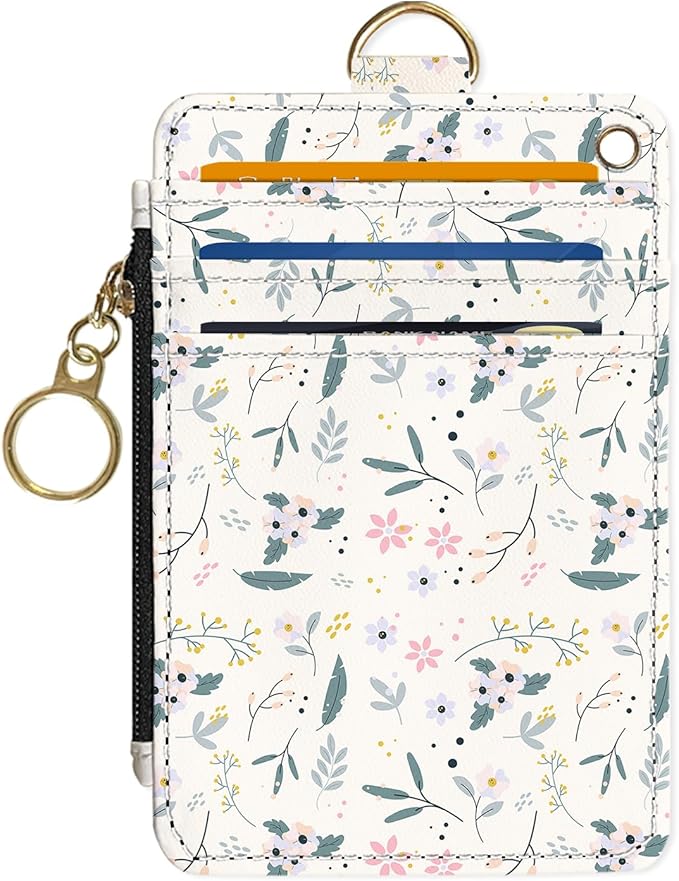 Slim Wallet Credit Card Holder, Green and pink floral print X, RFID Wallet Women Cute Small Front Pocket Wallet With Zipper, PU Leather Thin travel RFID Blocking Card Case ID Window ,Ladies Gifts