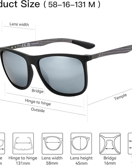 ZENOTTIC Square Polarized Sunglasses for Men Ultralight Carbon Fiber Sun Glasses Driving Fishing Golf Sports UV400 Protection
