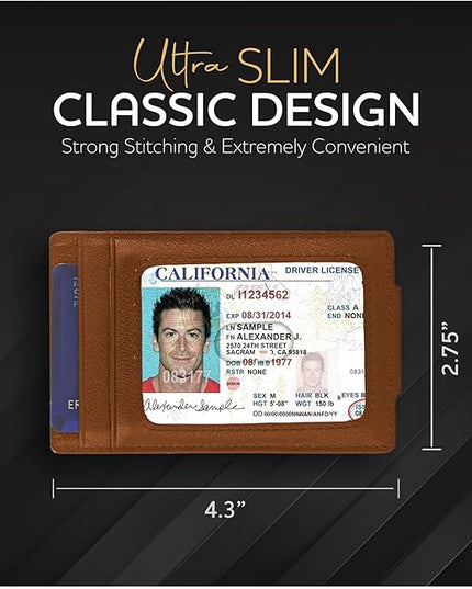 Money Clip Leather Wallet For Men Slim Front Pocket RFID Blocking with Super Strong Magnetic