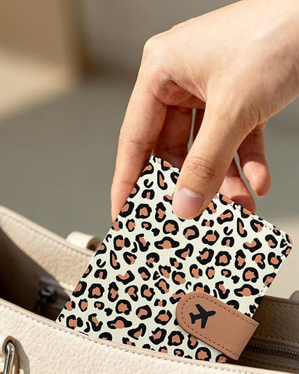 Passport Holder, Travel Wallet Cover with Pen Loop | Cute RFID Blocking Leather Case with Magnetic Closure for Travel Essentials-Leopard