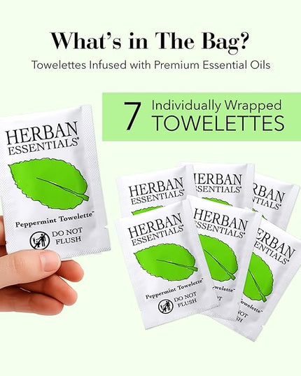 Herban Essentials - Peppermint Wipes & Towelettes - Essential Oil Wipes for Hands & Body - Travel Size Essentials and Toiletries - Natural, Individually Wrapped, Disposable & Moist Refresh (7 count)