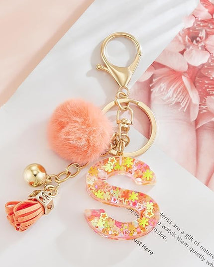 Resin Alphabet Initial Letter Keychain Keyring for Women Purse Handbags With Fur Ball Pom