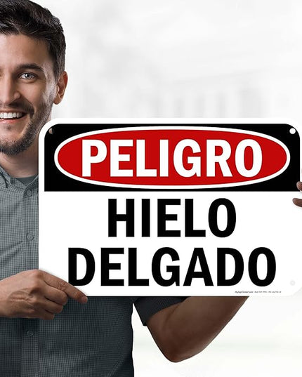 Danger Thin Ice Spanish Sign, 12x18 Inches, 55 mil thick HDPS (high density polystyrene), Made in USA by My Sign Center