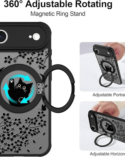 Cute Case for iPhone Air Case with Stand [ Compatible with MagSafe ] Kawaii Black Cat & Floral & Butterflies Pattern Design 360 Magnetic Ring Kickstand Phone Cover for Women Girls Boys