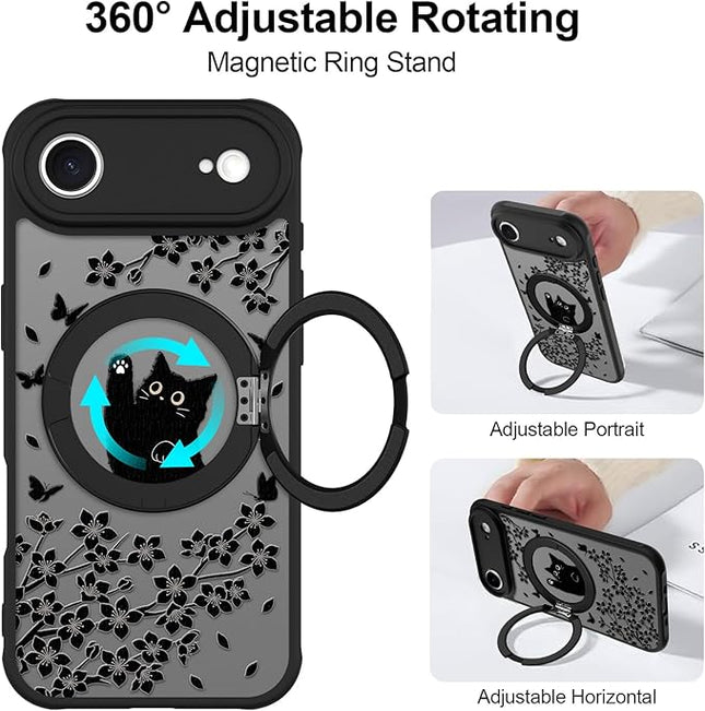 Cute Case for iPhone Air Case with Stand [ Compatible with MagSafe ] Kawaii Black Cat & Floral & Butterflies Pattern Design 360 Magnetic Ring Kickstand Phone Cover for Women Girls Boys