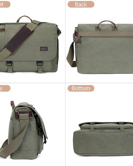 Nerlion Messenger Bag for Men 17-17.3 Inch Laptop Bag Canvas Water-resistant Computer Bag Shoulder Bag Work Briefcase Bookbag for College (Green)