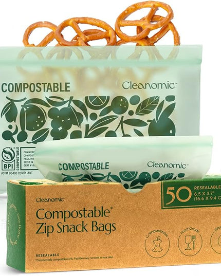 Cleanomic Compostable* Snack Size Food Storage Bags (50 Eco Zip) Freezer and Leak Proof, Also Available Gallon, Quart and Sandwich Size Bags