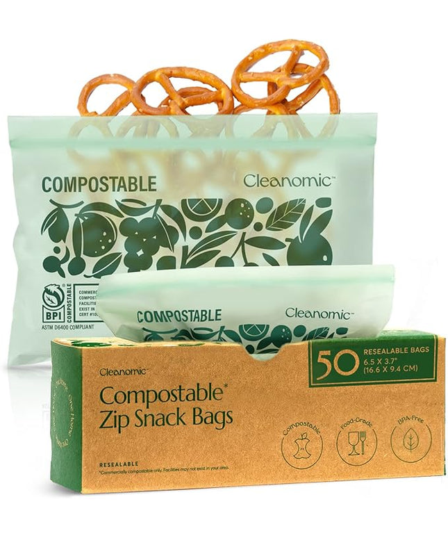 Cleanomic Compostable* Snack Size Food Storage Bags (50 Eco Zip) Freezer and Leak Proof, Also Available Gallon, Quart and Sandwich Size Bags