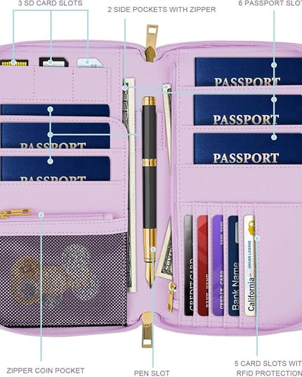 Family Passport Holder Wallet RFID Blocking Document Organizer PU Leather Mulit-purpose Travel Wallet Credit Cards Case for Women Men, Smokey Purple