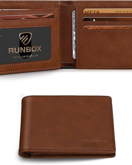 RUNBOX Wallet for Men Bifold RFID Blocking Wallets with 2 ID Window 14 Card Holders 1 cash pocket 1 Gift Box