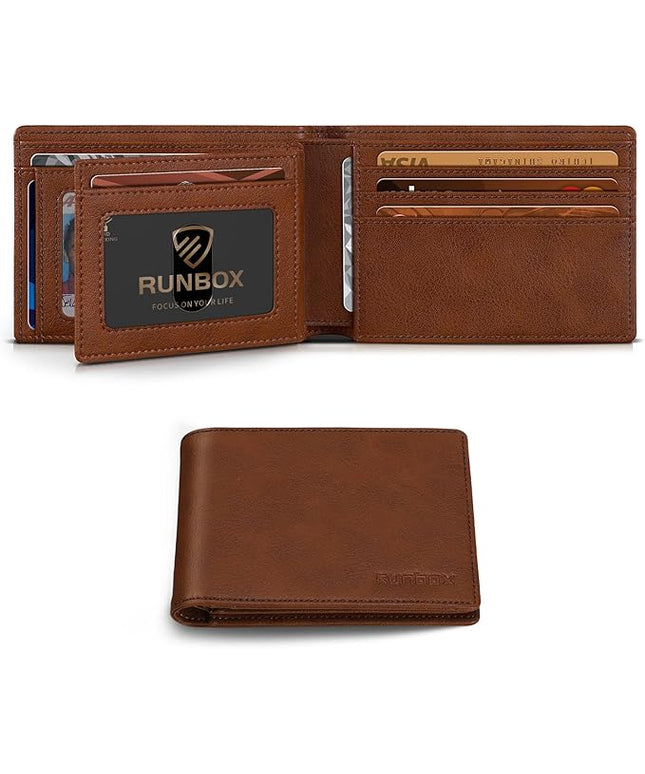 RUNBOX Wallet for Men Bifold RFID Blocking Wallets with 2 ID Window 14 Card Holders 1 cash pocket 1 Gift Box