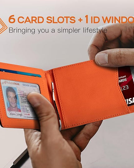 RUNBOX Slim Wallet for Men Genuine Leather RFID Blocking Bifold Minimalist Front Pocket Mens Wallet with Money Clip Thin Gift Box
