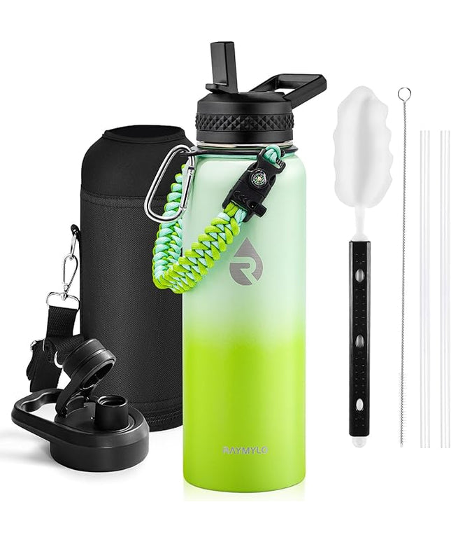 Insulated Water Bottle 40 oz, Triple Wall Vacuum Stainless Steel (Cold for 48 Hrs), Leak Proof & Non-BPA, Modern Water Flask Jug with Paracord Handle & Straw Spout Lids, Ombre Green
