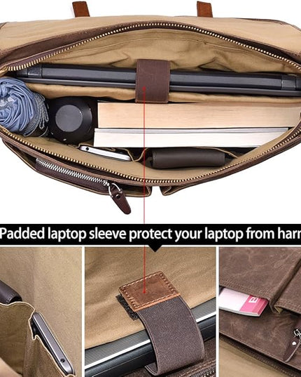 Mens Messenger Bag 15.6 Inch Waterproof Vintage Genuine Leather Waxed Canvas Briefcase Large Leather Computer Laptop Bag Rugged Satchel Shoulder Bag, Brown