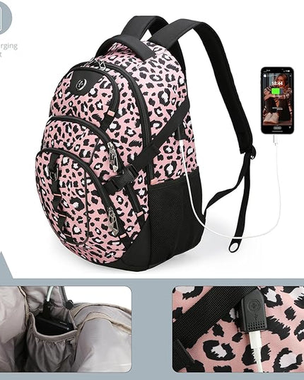 Swissdigital Laptop Backpack with USB Charging Port, Travel Backpack Fits 15.6 inches Computer, 31L Backpack for Women, Pink Leopard | SD803-102