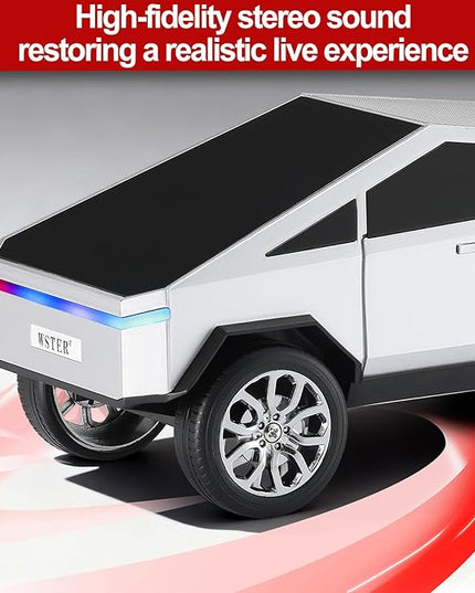 Futuristic Pickup Truck Replica Bluetooth Speaker with LED Display Screen – TWS Stereo, FM, USB/TF Playback, LED Lights, Built-in Mic, Gift for Car Lovers & Tech Fans (Silver)