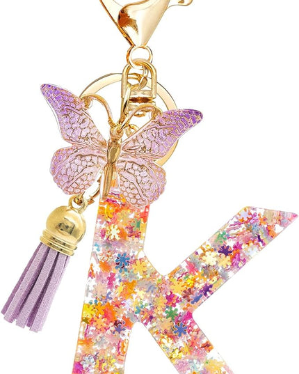 Fashion Alphabet Initial Letter Keychain Tassel Butterfly Pendant Key Ring for Purse Handbags Women Girl