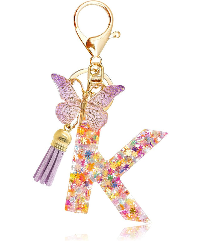 Fashion Alphabet Initial Letter Keychain Tassel Butterfly Pendant Key Ring for Purse Handbags Women Girl