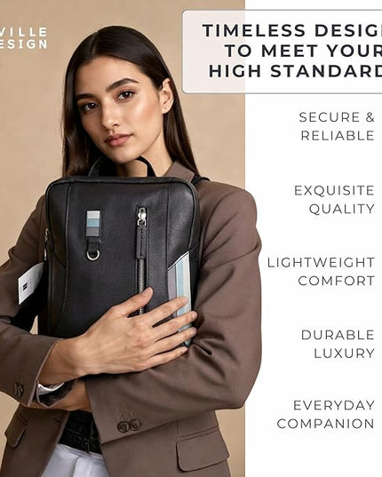 Full Grain Leather Backpack – Water-Resistant, Padded Laptop Compartment, Adjustable Straps, 16L Capacity, Slim Design, Leather Backpack for Men and Women - Anthracite Black