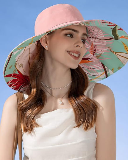 HUAMULAN Women Summer Sun Hat Wide Brim Wired Edge Floral Beach Bucket Hats Reversible Foldable Travel UV Protection Lady Hat