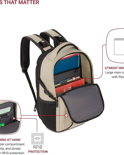 SwissGear 1900 Mini ScanSmart 13” Laptop Backpack Oatmeal– Reflective Tech Backpack with ScanSmart Compartment – Multiple Organizer Pockets & RFID Scan Blocking Technology