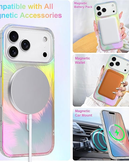 Glitter Case for iPhone 17 Pro Case for Women Girls [ Compatible with Magsafe ] Clear Cute Aesthetic Girly Iridescent Feather Sparkly Bling Magnetic Phone Cover, Gradient Blue & Pink