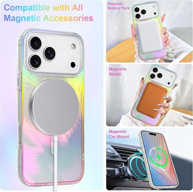 Glitter Case for iPhone 17 Pro Case for Women Girls [ Compatible with Magsafe ] Clear Cute Aesthetic Girly Iridescent Feather Sparkly Bling Magnetic Phone Cover, Gradient Blue & Pink