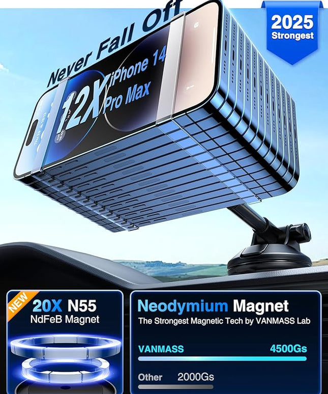 【Military-Grade】VANMASS for MagSafe Car Mount【Upgraded Strongest Magnetic&Suction】Phone Holder Cell Stand for Dashboard Windshield Vent, Tesla Truck Cradle for iPhone 17 Pro Max 16 15 14 13 12 Android