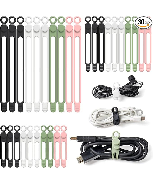 OneLeaf 30Pcs Cord Organizer, Silicone Cable Ties Reusable, Cord Ties for Electronics, Multipurpose Elastic Wire Ties, Travel Essentials for Cable Organizer, Wire Organizers for Fastening Cords