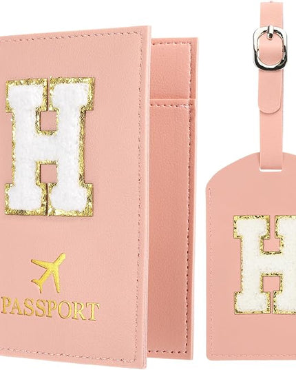 PATIKIL Passport Holder for Travel, Initial Passport Cover and Luggage Tag Set with Alphabet Chenille Letter Patch Travel Wallet Bag Suitcase Identifier for Women Family Travel Pink H