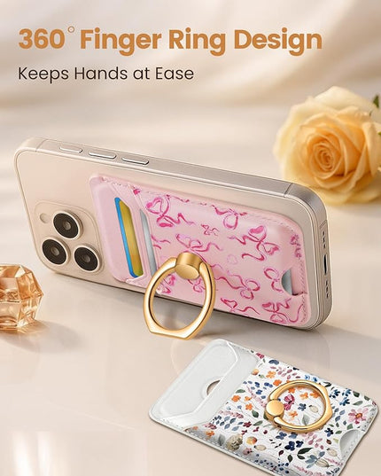 Shorogyt Compatible with Magsafe Wallet Magnetic Card Holder - Phone Wallets with Ring Grip Stand Cute Fashion for iPhone 17/16/15/14/13/12 Series for Women Girls Pk Butterfly Design, Fit 3 Cards