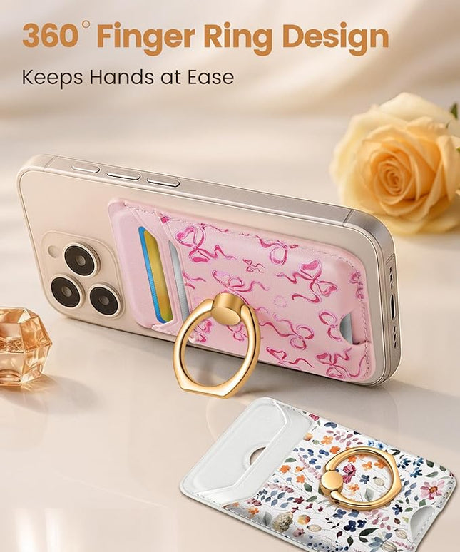Shorogyt Compatible with Magsafe Wallet Magnetic Card Holder - Phone Wallets with Ring Grip Stand Cute Fashion for iPhone 17/16/15/14/13/12 Series for Women Girls Pk Butterfly Design, Fit 3 Cards