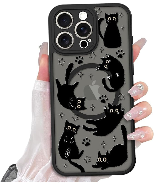 Cute Magnetic Case for iPhone 15 Pro Case [ Compatible with MagSafe ] with Black Cat Cats Pattern Design for Women Girls Boys, Soft Bumper Hard Back Kawaii Animal Protective Phone Cover
