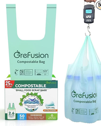 Compostable Trash Bags with handle-tie,Garbage Bags, 2.6 Gallon,Food Waste Bags,Small trash bags for compost bin kitchen,Certified by BPI and OK Compost (2.6G-50count)