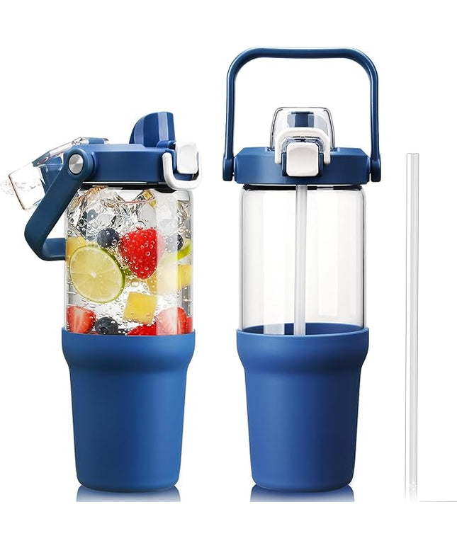Glass Tumbler with Carry Handle, Clear Glass Water Bottle with Leakproof Lid, Spout Lid&Straw, BPA-Free, 32 oz, DBlue