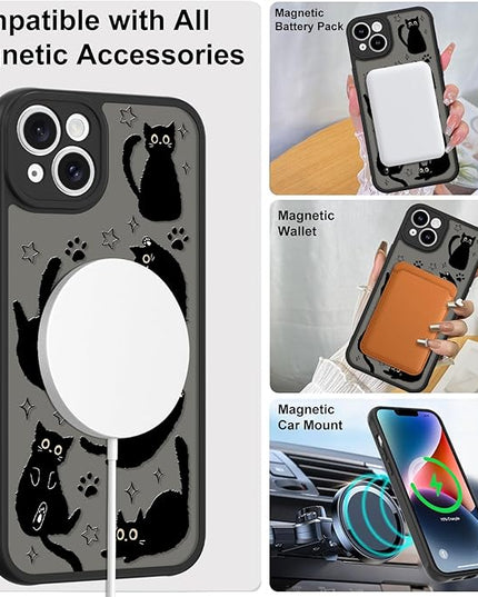 Cute Magnetic Case for iPhone 14 Plus Case [ Compatible with MagSafe ] with Black Cat Cats Pattern Design for Women Girls Boys, Soft Bumper Hard Back Kawaii Animal Protective Phone Cover
